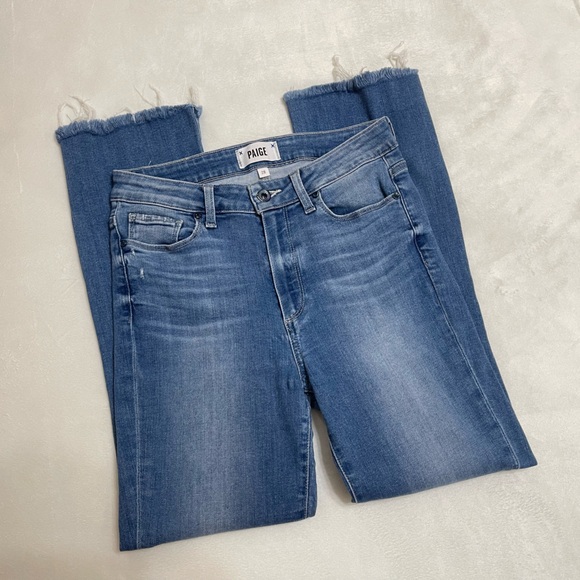 Paige Colette Crop Flare Distressed Blue Jeans w Raw Hem - Picture 5 of 16